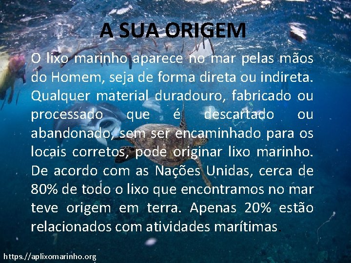 A SUA ORIGEM O lixo marinho aparece no mar pelas mãos do Homem, seja