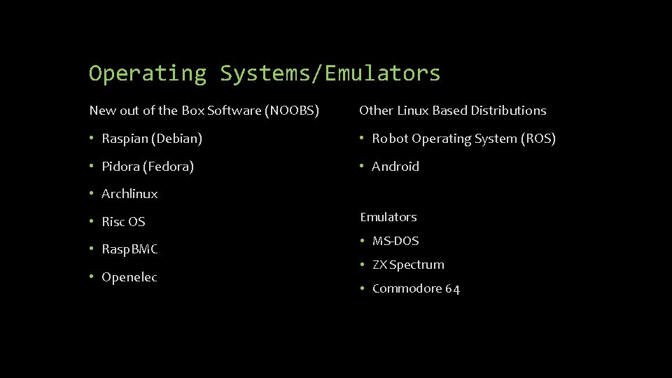 Operating Systems/Emulators New out of the Box Software (NOOBS) Other Linux Based Distributions • Operating Systems/Emulators New out of the Box Software (NOOBS) Other Linux Based Distributions •