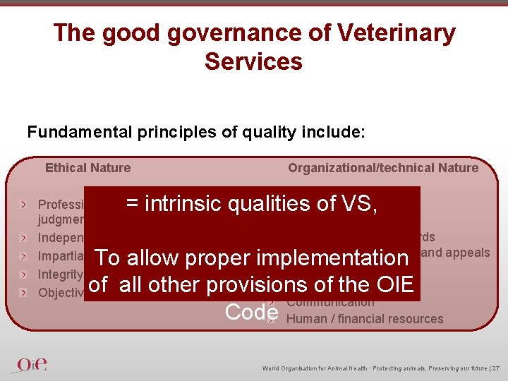 The good governance of Veterinary Services Fundamental principles of quality include: Ethical Nature Professional