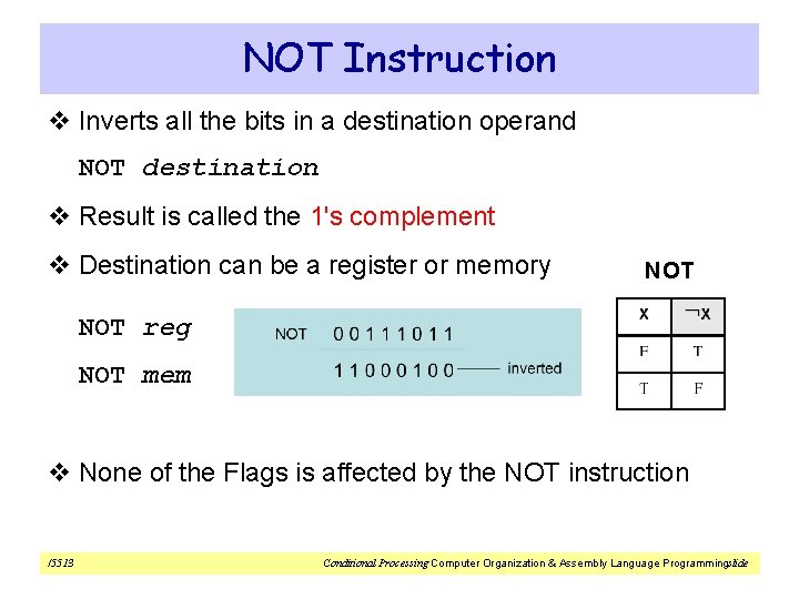 NOT Instruction v Inverts all the bits in a destination operand NOT destination v