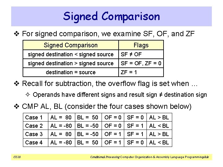 Signed Comparison v For signed comparison, we examine SF, OF, and ZF Signed Comparison