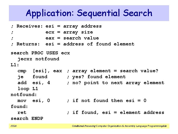 Application: Sequential Search ; Receives: esi = array address ; ecx = array size