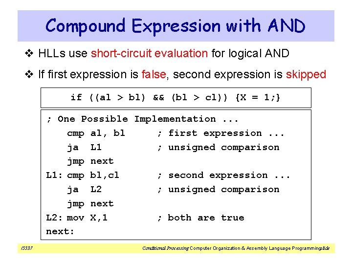 Compound Expression with AND v HLLs use short-circuit evaluation for logical AND v If