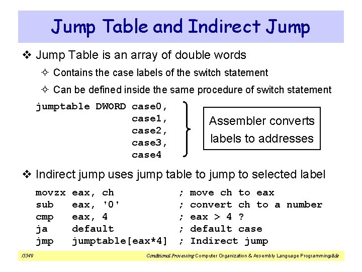 Jump Table and Indirect Jump v Jump Table is an array of double words