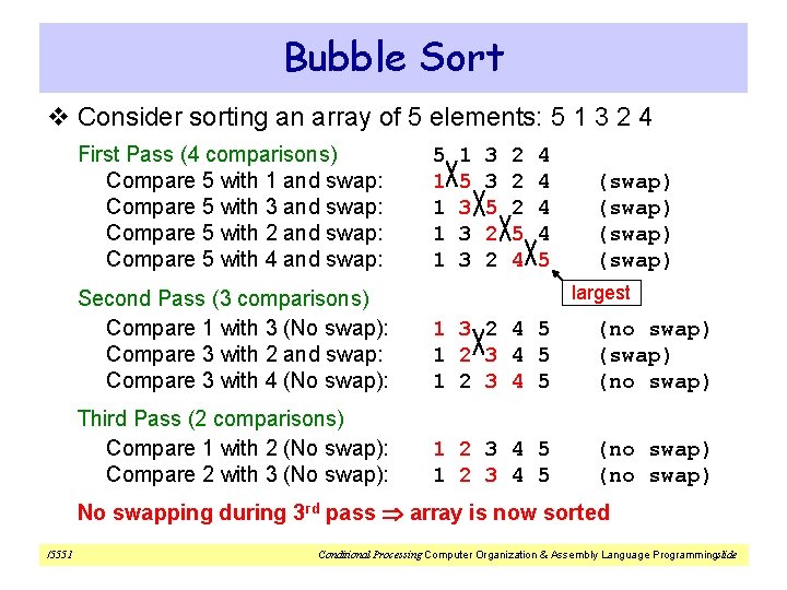 Bubble Sort v Consider sorting an array of 5 elements: 5 1 3 2