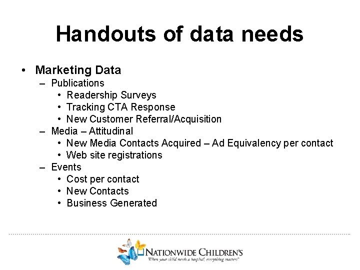 Handouts of data needs • Marketing Data – Publications • Readership Surveys • Tracking