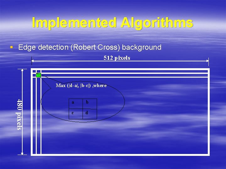 Implemented Algorithms § Edge detection (Robert Cross) background 512 pixels Max (|d-a|, |b-c|) ,