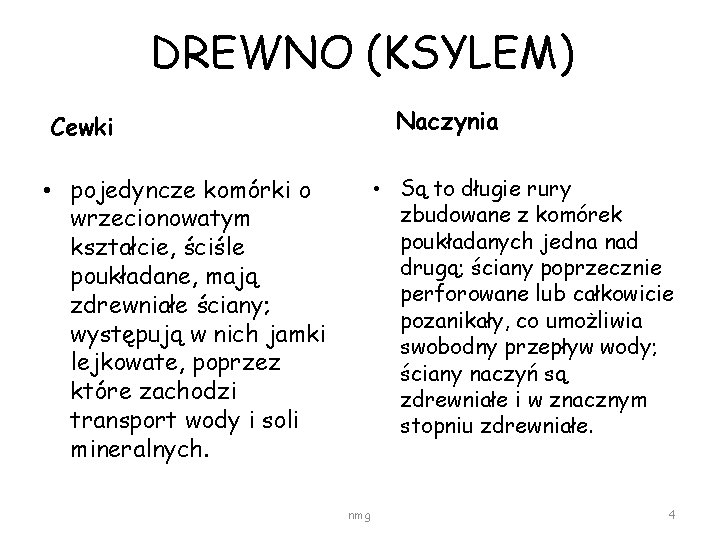 DREWNO (KSYLEM) Naczynia Cewki • pojedyncze komórki o wrzecionowatym kształcie, ściśle poukładane, mają zdrewniałe