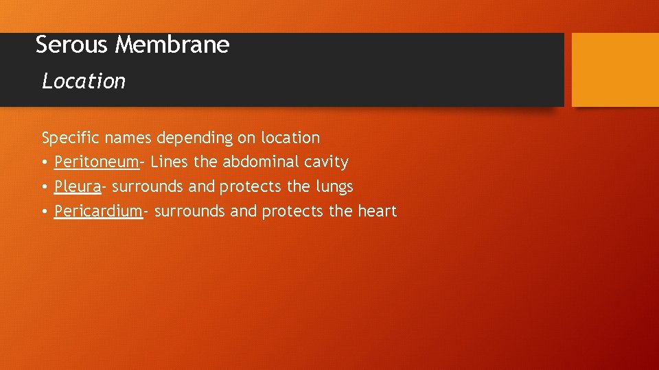 Serous Membrane Location Specific names depending on location • Peritoneum– Lines the abdominal cavity