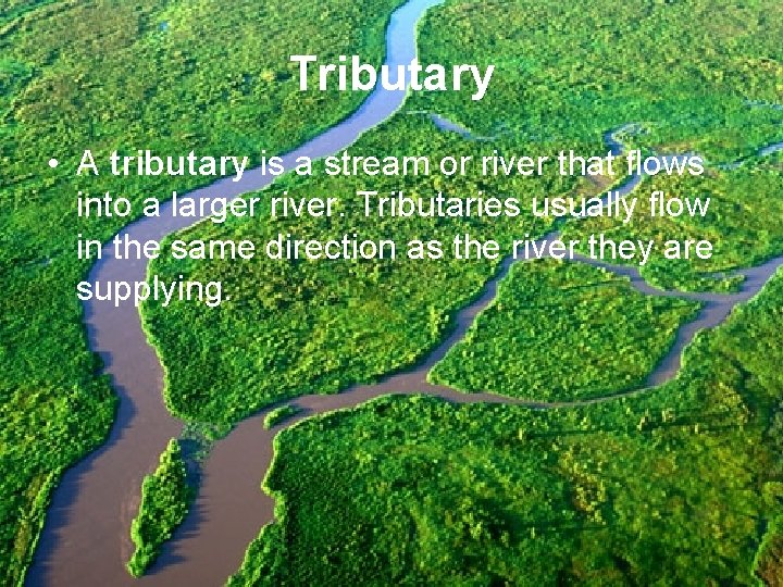 Tributary • A tributary is a stream or river that flows into a larger