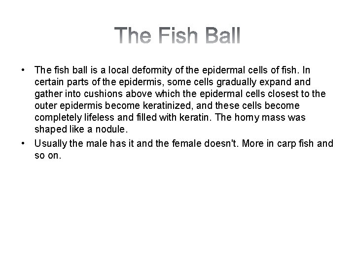  • The fish ball is a local deformity of the epidermal cells of
