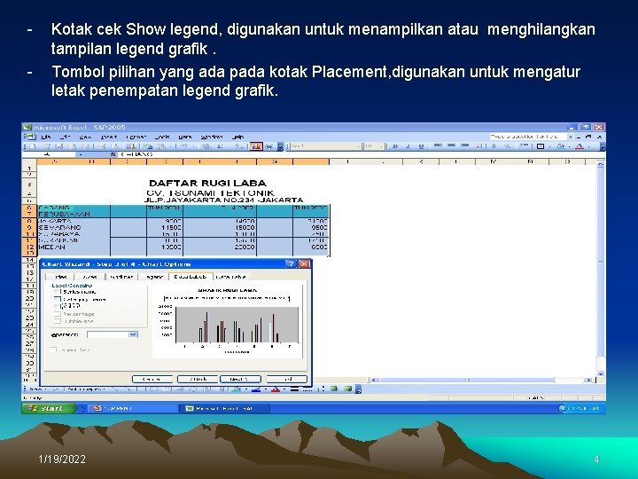 - Kotak cek Show legend, digunakan untuk menampilkan atau menghilangkan tampilan legend grafik. Tombol