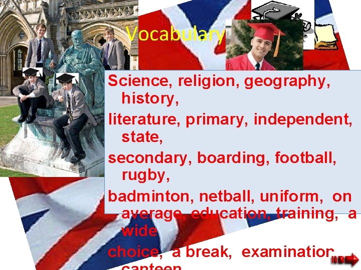Vocabulary : Science, religion, geography, history, literature, primary, independent, state, secondary, boarding, football, rugby,