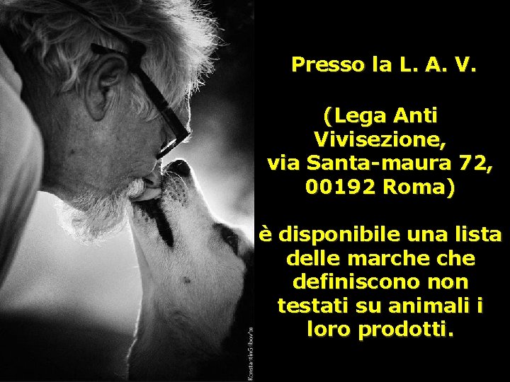 Presso la L. A. V. (Lega Anti Vivisezione, via Santa-maura 72, 00192 Roma) è