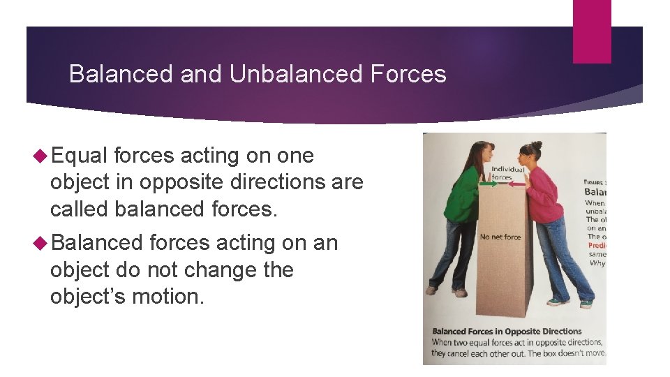Balanced and Unbalanced Forces Equal forces acting on one object in opposite directions are