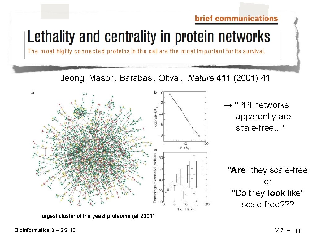 Jeong, Mason, Barabási, Oltvai, Nature 411 (2001) 41 → "PPI networks apparently are scale-free…"