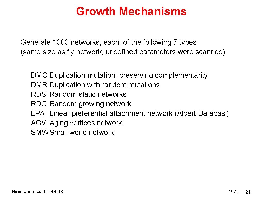 Growth Mechanisms Generate 1000 networks, each, of the following 7 types (same size as