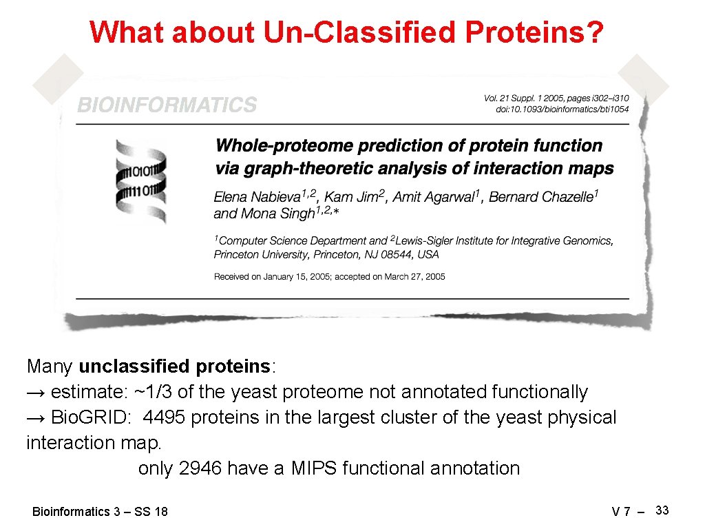 What about Un-Classified Proteins? Many unclassified proteins: → estimate: ~1/3 of the yeast proteome