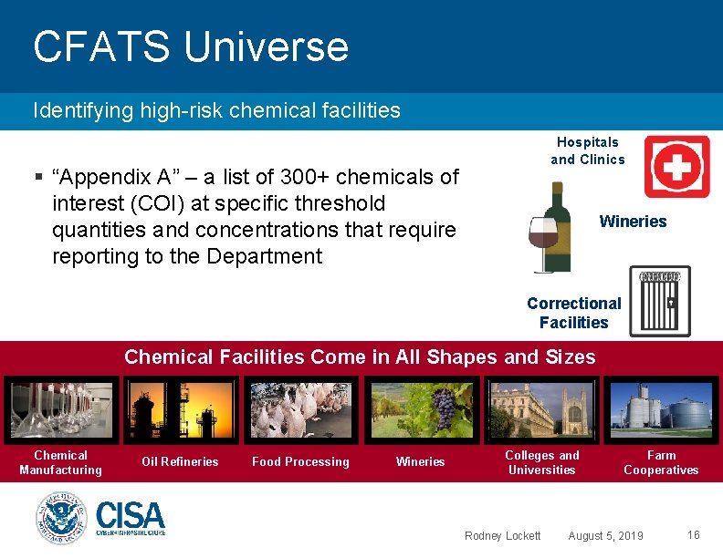 CFATS Universe Identifying high-risk chemical facilities Hospitals and Clinics “Appendix A” – a list
