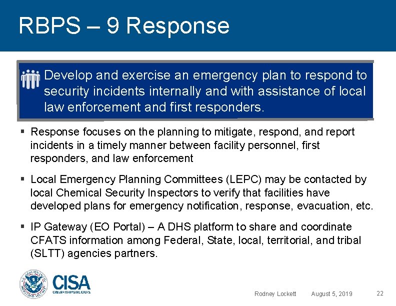RBPS – 9 Response Develop and exercise an emergency plan to respond to security