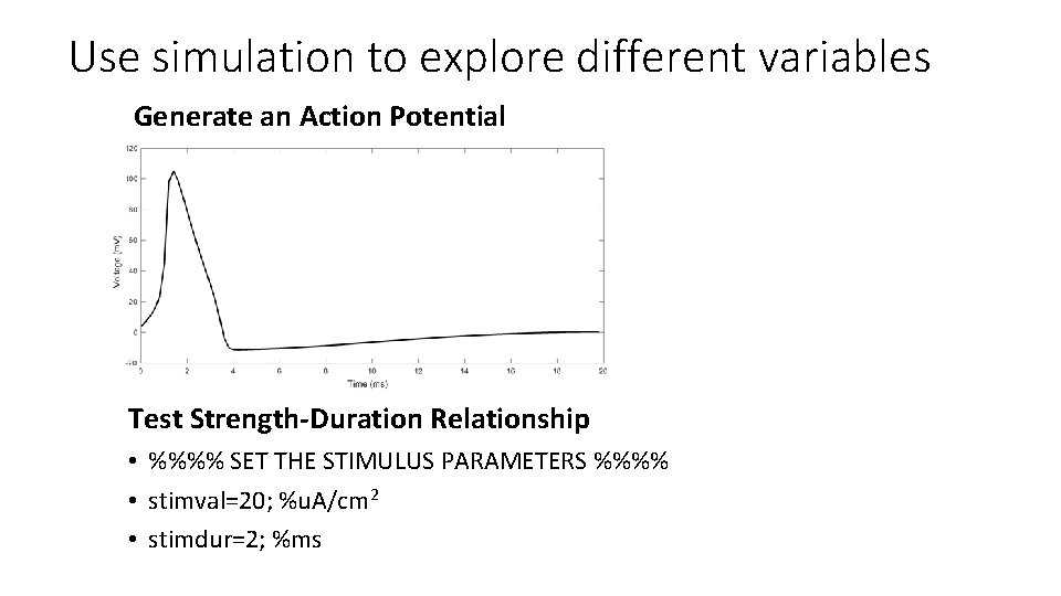 Use simulation to explore different variables Generate an Action Potential Test Strength-Duration Relationship •