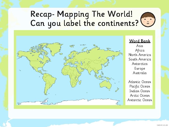 Recap Mapping The World! Can you label the continents? Word Bank Asia Africa North