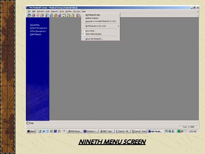 NINETH MENU SCREEN 