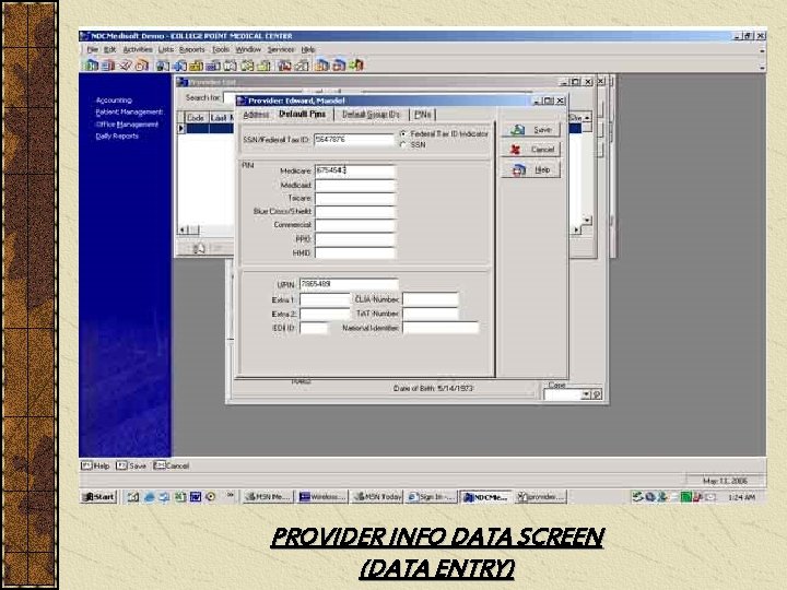 PROVIDER INFO DATA SCREEN (DATA ENTRY) 
