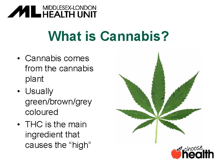 What is Cannabis? • Cannabis comes from the cannabis plant • Usually green/brown/grey coloured