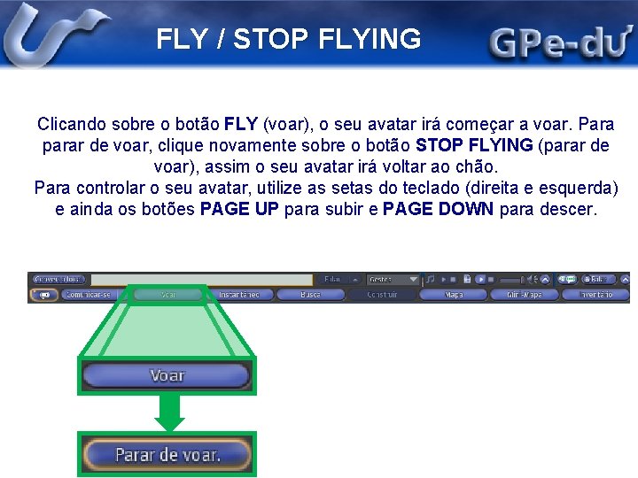 FLY / STOP FLYING Clicando sobre o botão FLY (voar), o seu avatar irá