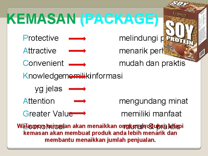 KEMASAN (PACKAGE) Protective melindungi produk Attractive menarik perhatian Convenient mudah dan praktis Knowledgememilikiinformasi yg