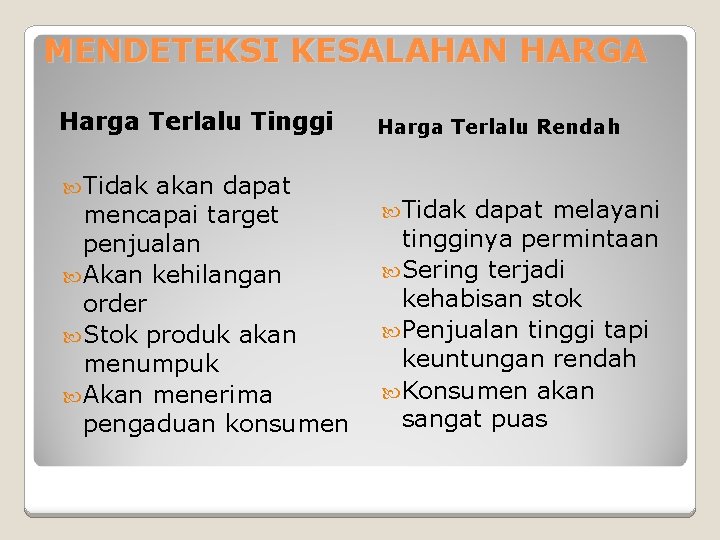 MENDETEKSI KESALAHAN HARGA Harga Terlalu Tinggi Tidak akan dapat mencapai target penjualan Akan kehilangan