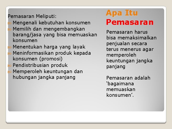 Pemasaran Meliputi: Mengenali kebutuhan konsumen Memilih dan mengembangkan barang/jasa yang bisa memuaskan konsumen Menentukan