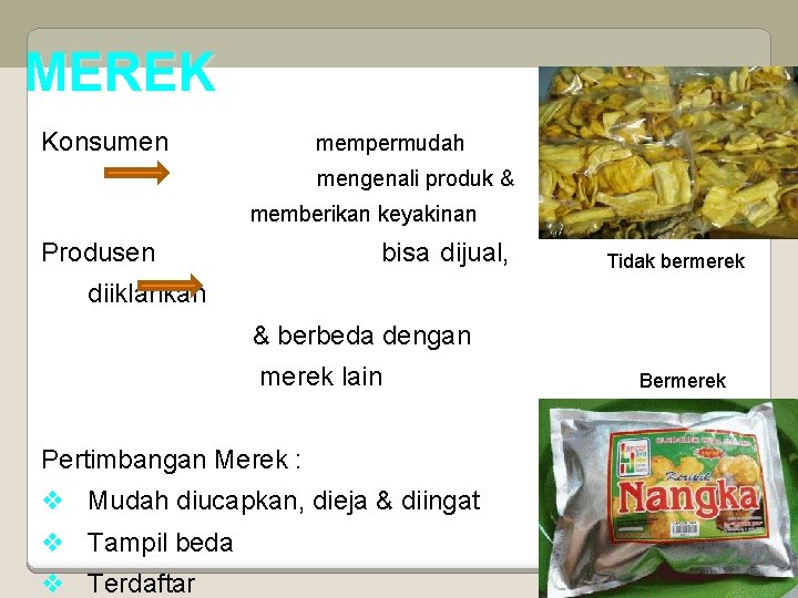 MEREK Konsumen mempermudah mengenali produk & memberikan keyakinan Produsen bisa dijual, Tidak bermerek diiklankan