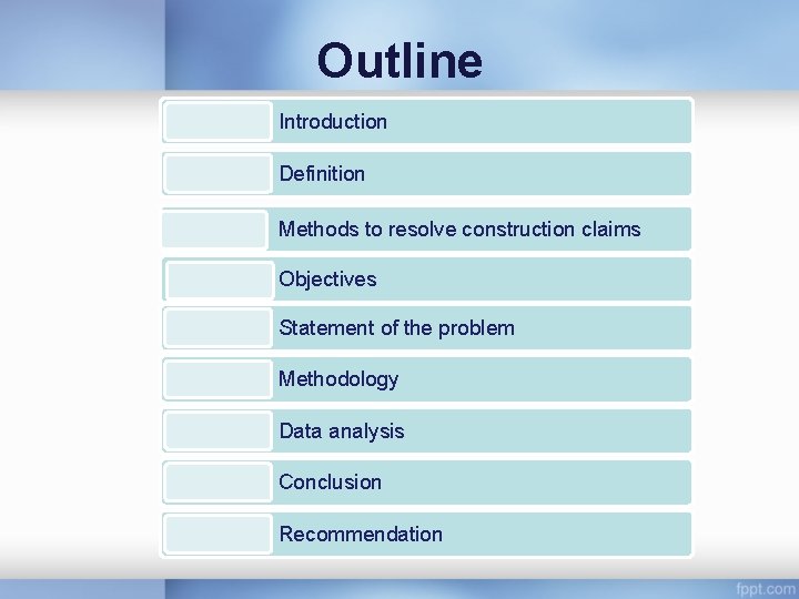 Outline Introduction Definition Methods to resolve construction claims Objectives Statement of the problem Methodology