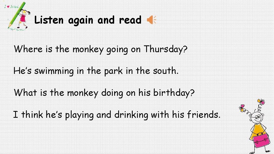 Listen again and read Where is the monkey going on Thursday? He’s swimming in