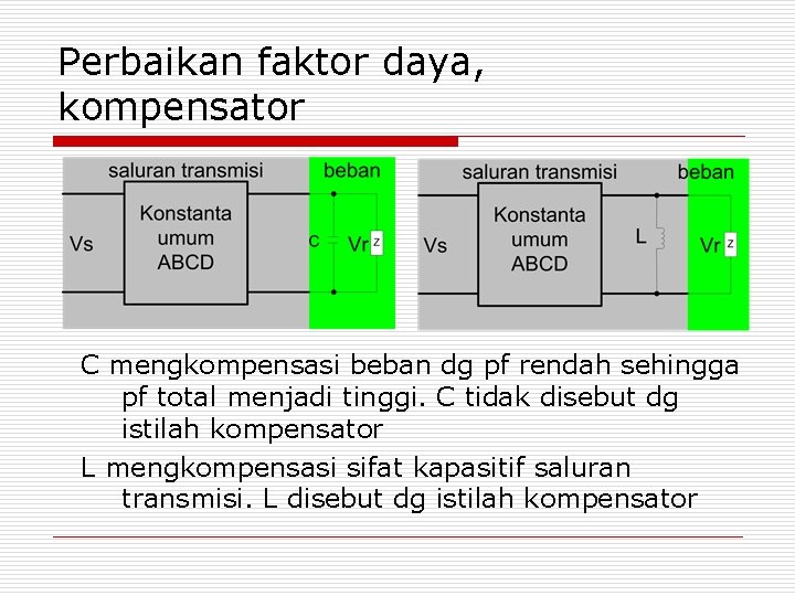 Perbaikan faktor daya, kompensator C mengkompensasi beban dg pf rendah sehingga pf total menjadi