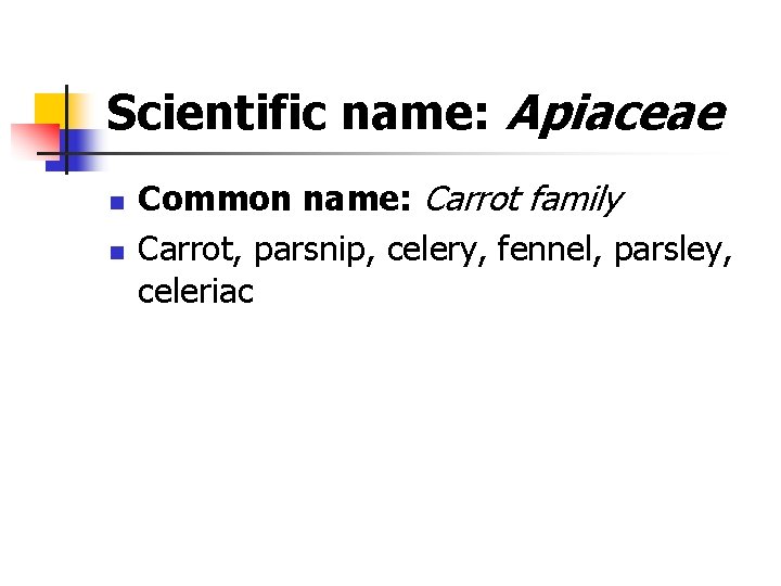 Scientific name: Apiaceae n n Common name: Carrot family Carrot, parsnip, celery, fennel, parsley,