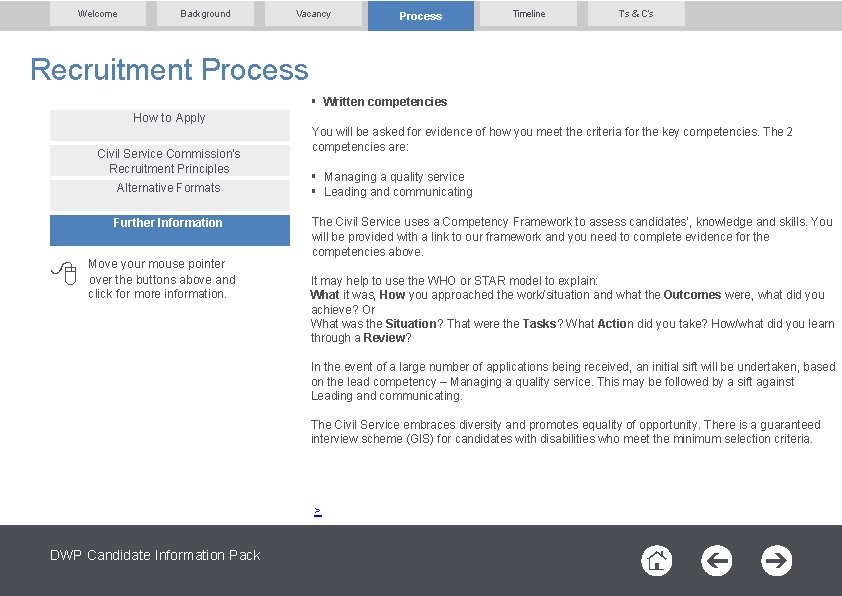 Welcome Background Vacancy Process Timeline T’s & C’s Recruitment Process § Written competencies How