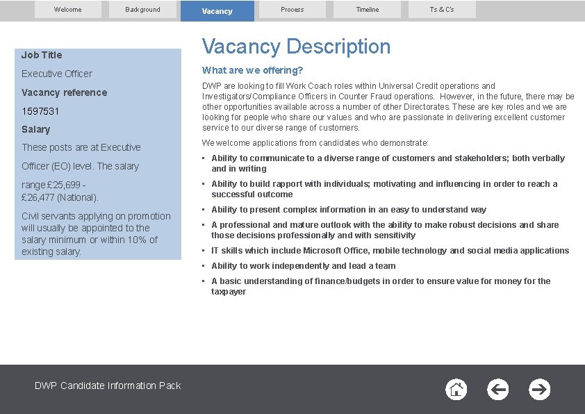 Welcome Background Vacancy Process Timeline Job Title Vacancy Description Executive Officer What are we