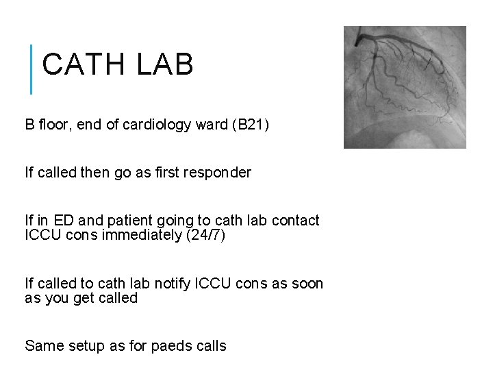 CATH LAB B floor, end of cardiology ward (B 21) If called then go