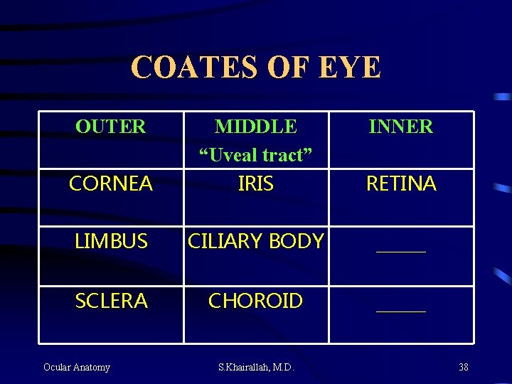 COATES OF EYE OUTER CORNEA MIDDLE “Uveal tract” IRIS RETINA LIMBUS CILIARY BODY _____