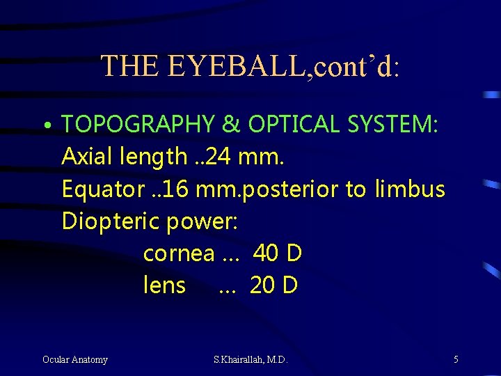 THE EYEBALL, cont’d: • TOPOGRAPHY & OPTICAL SYSTEM: Axial length. . 24 mm. Equator.