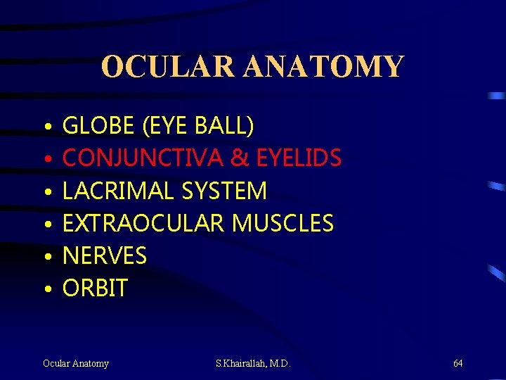 OCULAR ANATOMY • • • GLOBE (EYE BALL) CONJUNCTIVA & EYELIDS LACRIMAL SYSTEM EXTRAOCULAR OCULAR ANATOMY • • • GLOBE (EYE BALL) CONJUNCTIVA & EYELIDS LACRIMAL SYSTEM EXTRAOCULAR