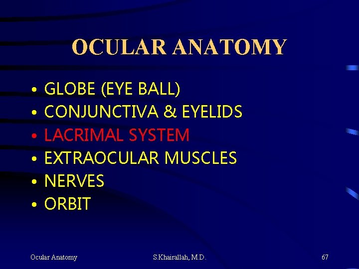 OCULAR ANATOMY • • • GLOBE (EYE BALL) CONJUNCTIVA & EYELIDS LACRIMAL SYSTEM EXTRAOCULAR