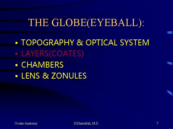 THE GLOBE(EYEBALL): • • TOPOGRAPHY & OPTICAL SYSTEM LAYERS(COATES) CHAMBERS LENS & ZONULES Ocular