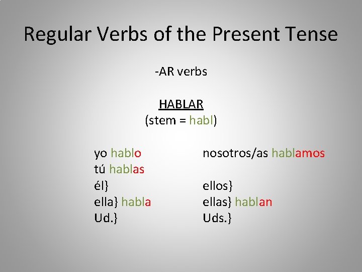 Regular Verbs of the Present Tense -AR verbs HABLAR (stem = habl) yo hablo Regular Verbs of the Present Tense -AR verbs HABLAR (stem = habl) yo hablo