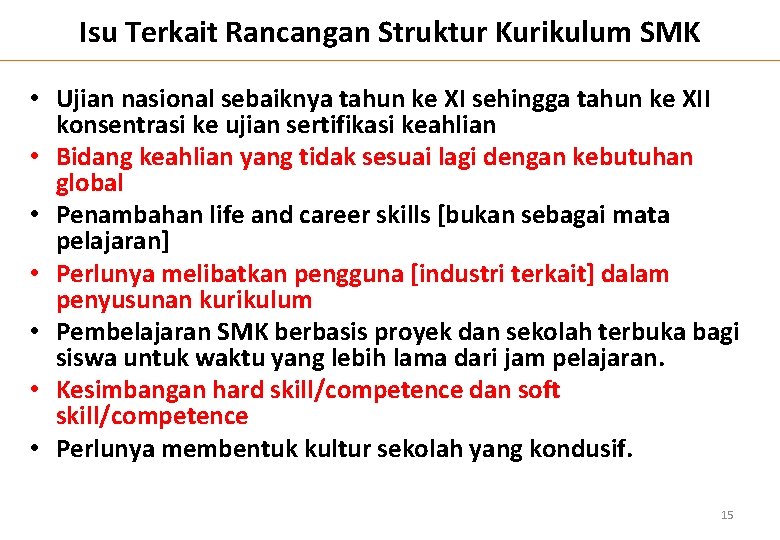 Isu Terkait Rancangan Struktur Kurikulum SMK • Ujian nasional sebaiknya tahun ke XI sehingga