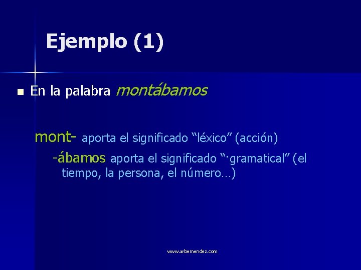 Ejemplo (1) n En la palabra montábamos mont- aporta el significado “léxico” (acción) -ábamos