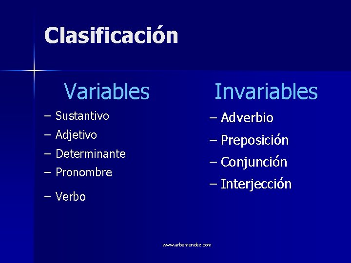 Clasificación Variables Invariables – Sustantivo – Adverbio – Adjetivo – Preposición – Determinante –